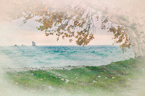 Chalk painting of lighthouse across Lake Huron with beautiful birch tree in autumn.  Watercolor of waves on the bay and grass in the foreground.  Watercolour looking under a tree at Round Island Lighthouse from Mackinac Island