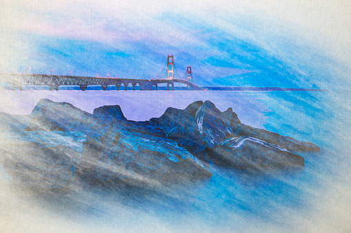 Digital watercolor chalk painting of Mackinac Mackinaw Bridge at night including rocks, boulders, and blue water of the Straits of Mackinaw