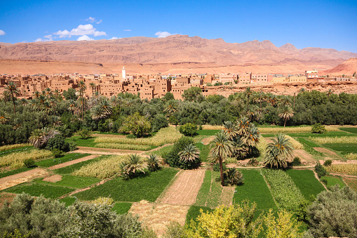 Tenehir, Morocco-September 25, 2013: Panaromic view of the city of Tenehir, built at the foot of the Atlas Mountains. Houses built as casbah appear.