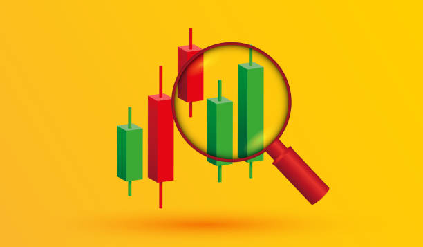 illustrazioni stock, clip art, cartoni animati e icone di tendenza di grafico finanziario del diagramma azionario di crescita. candelabro con lente d'ingrandimento trading stock o forex 3d icona vettoriale illustrazione stile - candlestick holder chart forex graph