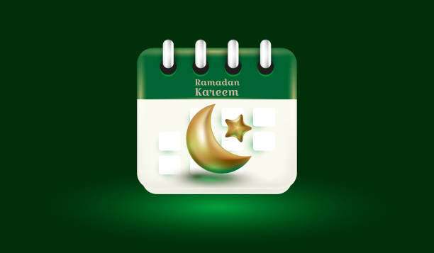 ilustraciones, imágenes clip art, dibujos animados e iconos de stock de icono de calendario de ramadán. luna creciente dorada y estrella con concepto de diseño de calendario de ramadán islámico kareem fondo 3d estilo de ilustración vectorial. - koran islam muhammad night