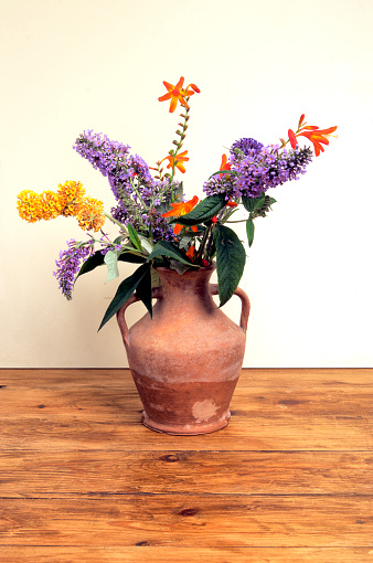 Mixed cut flowers in old terracotta vase.