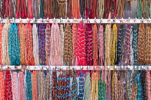 Typical bracelets souvenirs made of colorful textiles sold on the streets of panajachel guatemala