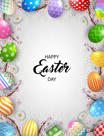 Easter background with colorful eggs and cherry flowers. easter frame with decorated eggs and branches