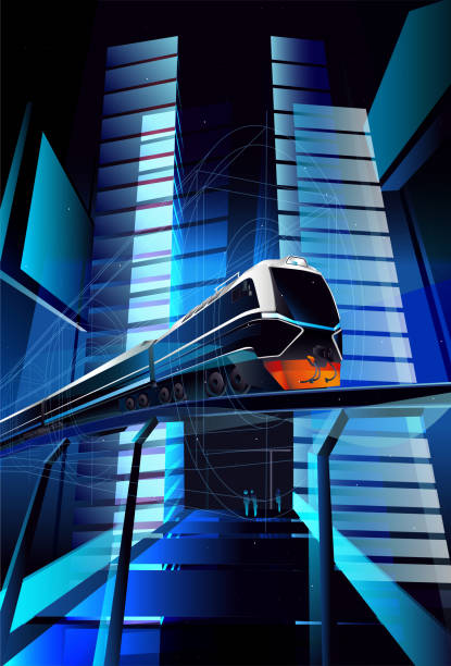 istock The train rushes through the futuristic city night 1388622369