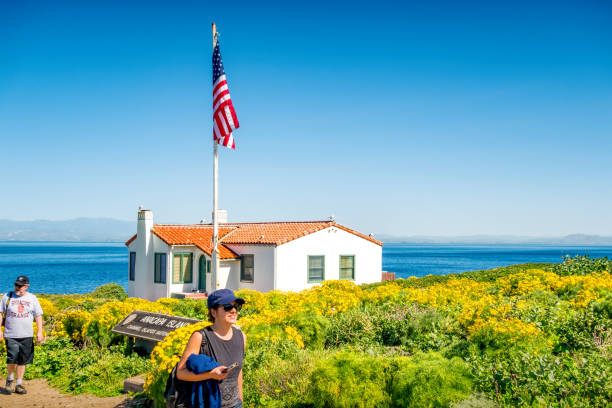 Channel Islands National Park Anacapa Island California USA Visitors Tourists Visitors arrive to Anacapa Island in Channel Islands National Park near Los Angeles, California, USA on a sunny day. anacapa island stock pictures, royalty-free photos & images