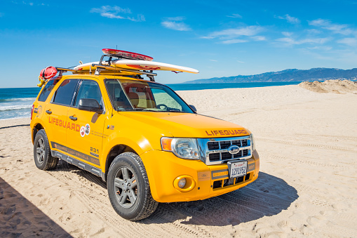 Lifeguard suv is parked at Venice Beach, Los Angeles, California, USA on a sunny day