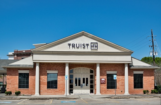 Houston, Texas USA 03-27-2022: Truist bank exterior in Houston, TX. Financial institution front view with copy space.