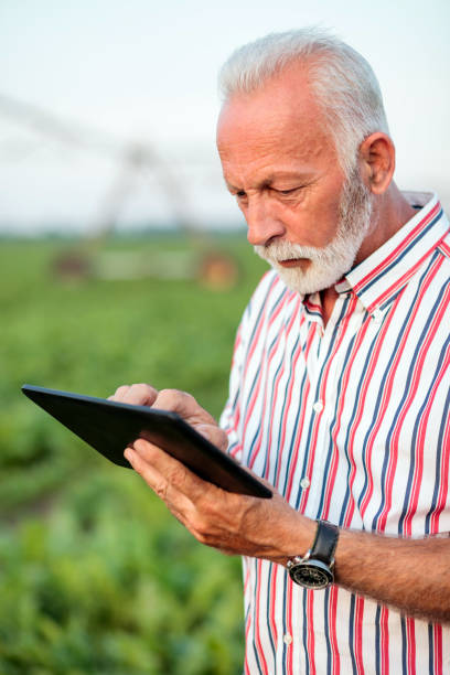 istock Senior agronomist or farmer using a tablet in soybean field 1388625263