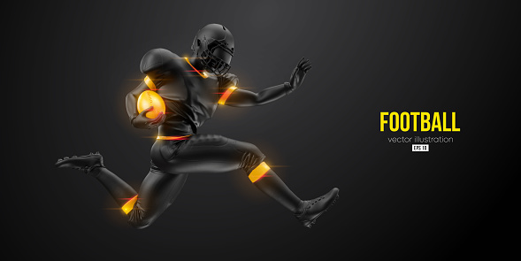 Realistic silhouette of an american football helmet man in action isolated black background. Vector illustration