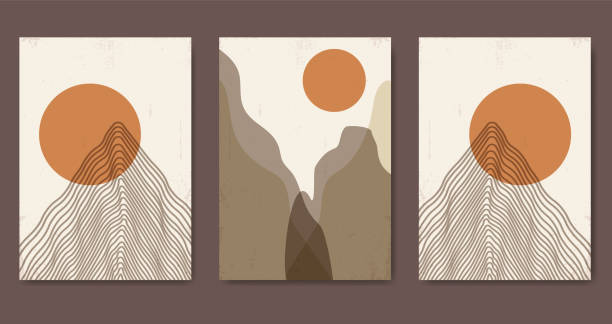 illustrations, cliparts, dessins animés et icônes de affiches abstraites contemporaines de paysages de montagne. fond boho texturé moderne avec des montagnes - valley type