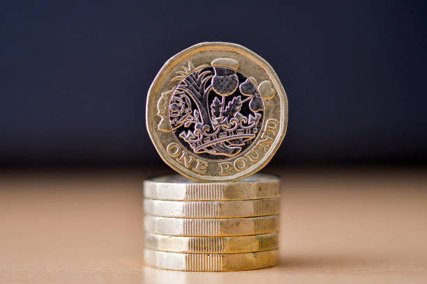 istock Close up view of British one pound coins 1388630465