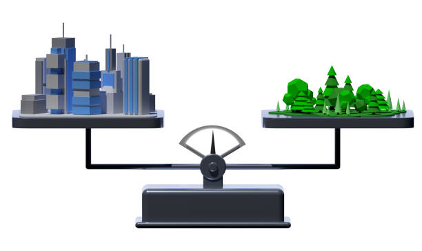 carbon neutrality concept 3d illustration of city and forest suspended in balance on the arm scales, circular economy to reduce carbon dioxide emissions, 3d rendering illustration - medidor co2 render imagens e fotografias de stock