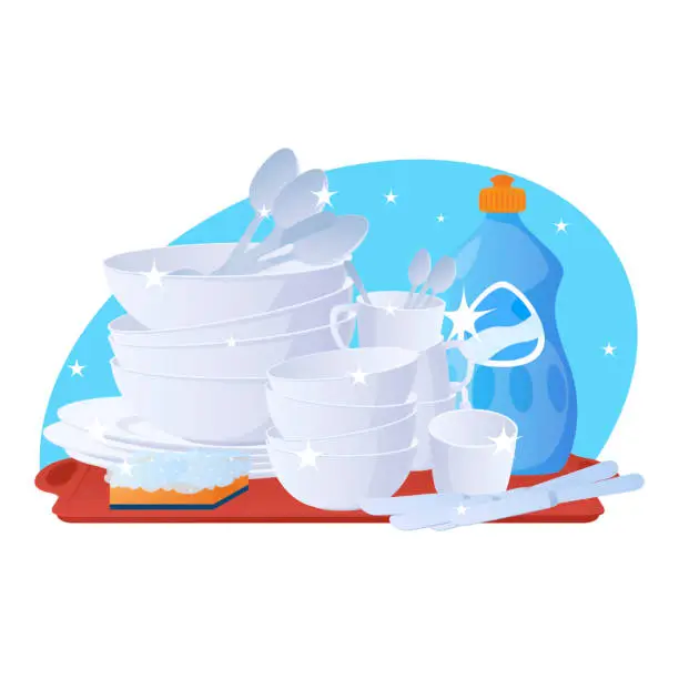 Vector illustration of Pile glossy washed dishes with sponge and detergent vector flat illustration. Domestic chore