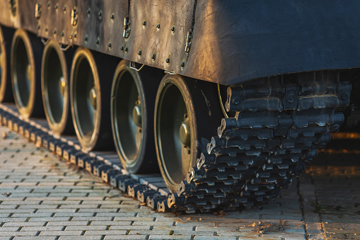 Tank caterpillars close up. War concept. Military equipment