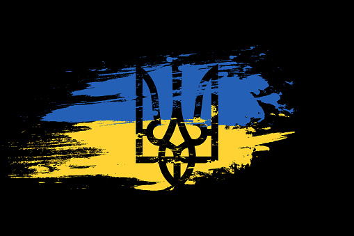 National symbols of Ukraine. Tryzub emblem against blue and yellow flag.