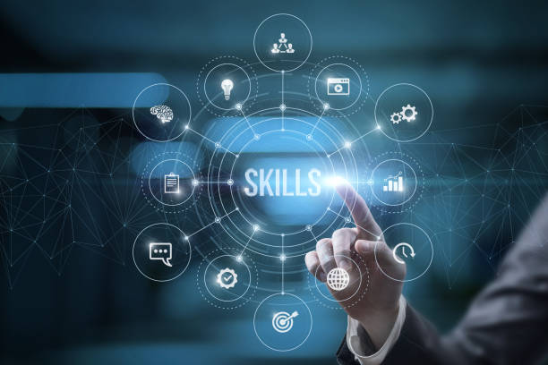 Businessman click on skills . Businessman on virtual computer screen click on skills on blurred background. skill stock pictures, royalty-free photos & images