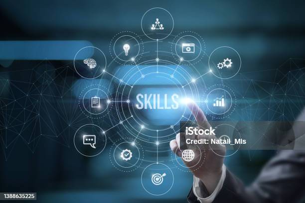 Businessman Click On Skills Stock Photo - Download Image Now - Skill, Digitally Generated Image, Efficiency