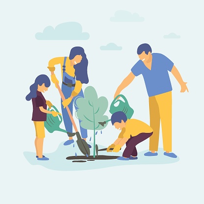 Family in the garden are planting a tree. Gardening works. Care the earth