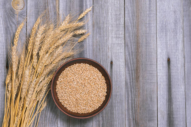 istock Wheat ears and wheat grains in a clay bowl on a wooden rustic board. Background 1388637785