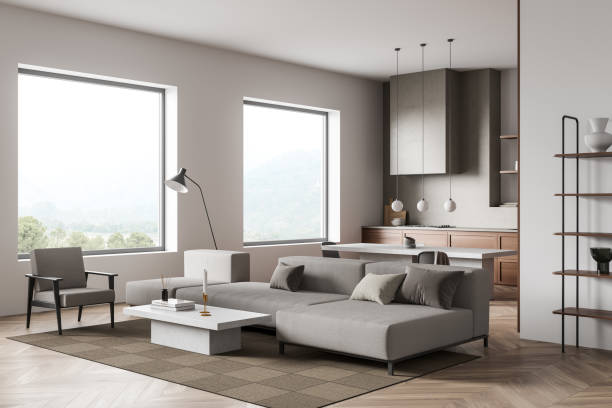 istock Kitchen interior with sofa and seats with shelves, panoramic window 1388638755