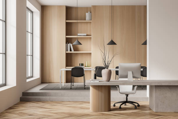 istock Light office room interior with workplace, chairs and table, shelf near window 1388639386