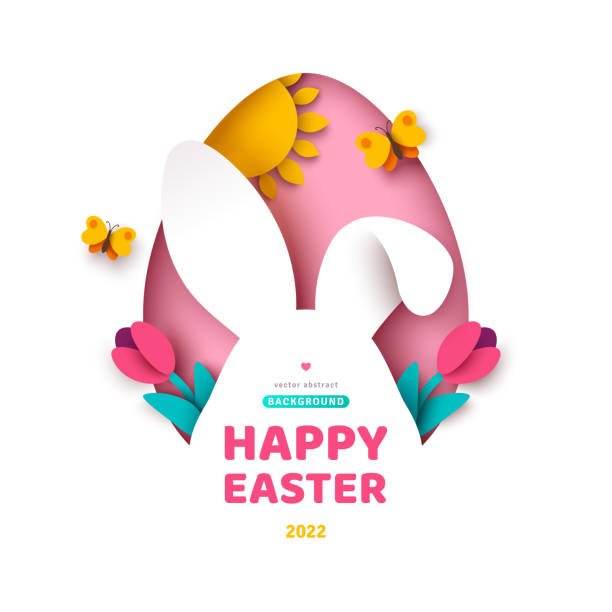 illustrations, cliparts, dessins animés et icônes de fleurs de printemps de lapin coupées en papier - easter egg easter isolated three dimensional shape