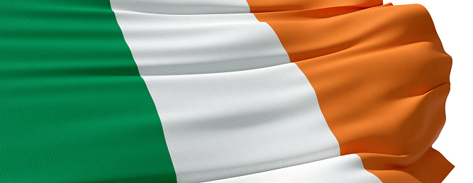 Irish flag blowing in the wind on white background - 3D rendering