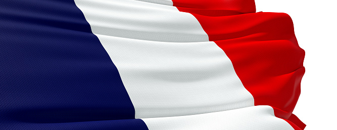 french flag waving, close up - white background - 3D rendering