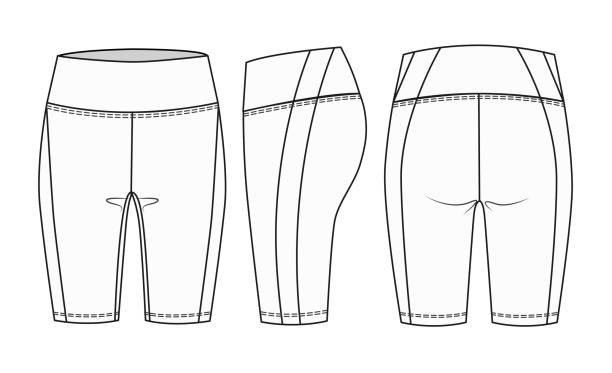 여자 짧은 레깅패��션 플랫 스케치 템플릿. 여성 액티브 웨어 바이커 짧은 기술 패션 일러스트. 자전거 반바지 레깅스 패션 플랫 디자인. - cycling shorts stock illustrations