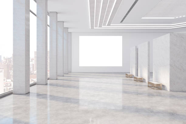 istock Simple light concrete public gallery with window city view and empty mock up poster for your advertisement. 3D Rendering. 1388642957