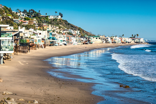 Beach Houses in Malibu, Los Angeles, California, USA on a sunny day.
