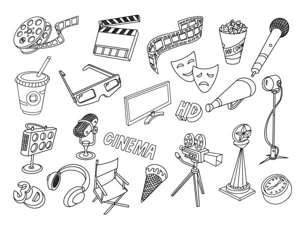 illustrations, cliparts, dessins animés et icônes de cinéma doodles set - director