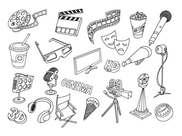 Cinema Doodles Set Cinema Doodles Set. Vector illustration. 35mm film motion picture camera stock illustrations