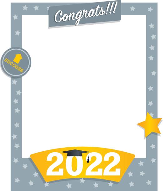 Vector of 2022 Graduate Photo Frame in gray and yellow color. Congratulatory photoboth and selfie concept at the end of college or high school Vector of 2022 Graduate Photo Frame in gray and yellow color. Congratulatory photoboth and selfie concept at the end of high school or university selfie borders stock illustrations