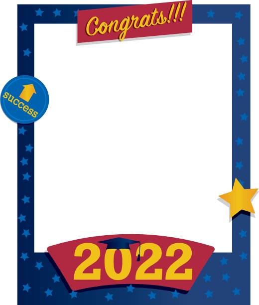 Vector of 2022 graduate photo frame in blue and red. Congratulatory photoboth and selfie concept at the end of high school or university Vector of 2022 graduate photo frame in blue and red. Congratulatory photoboth and selfie concept at the end of college or high school selfie borders stock illustrations