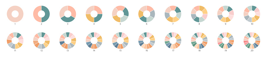Segment color slice set. Wheel round diagram part. Pie chart icons. Circle section graph. 1,20,19,18,16,9 segment infographic. Three phase, six circular cycle. Geometric element. Vector illustration.