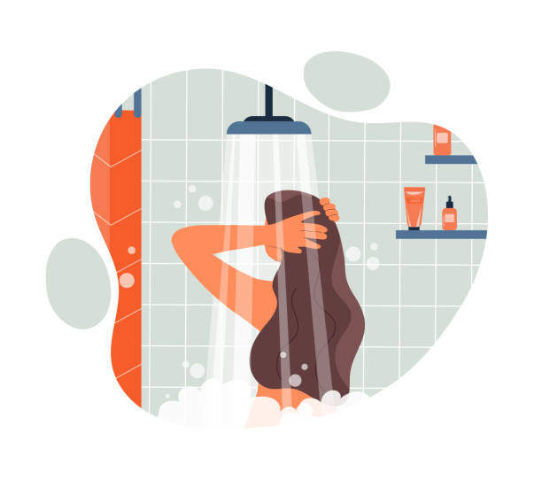 Morning shower concept Morning shower concept. Young girl takes care of herself, beauty and hygiene. Daily procedures and routine. Graphic elements for website, posters or banners. Cartoon flat vector illustration woman hot shower stock illustrations