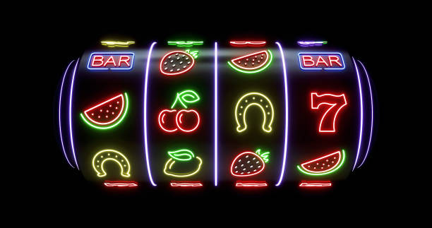 mesin slot modern dengan simbol dan lampu neon warna-warni hitam - ilustrasi 3d - slot terbaru potret stok, foto, & gambar bebas royalti