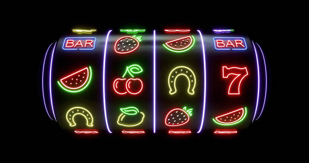 Modern Slot Machine With Symbols And Colorful Neon Lights On Black - 3D Illustration Futuristic, Modern Slot Machine Concept With Symbols And Colorful Neon Lights On Black Background. slot stock pictures, royalty-free photos & images