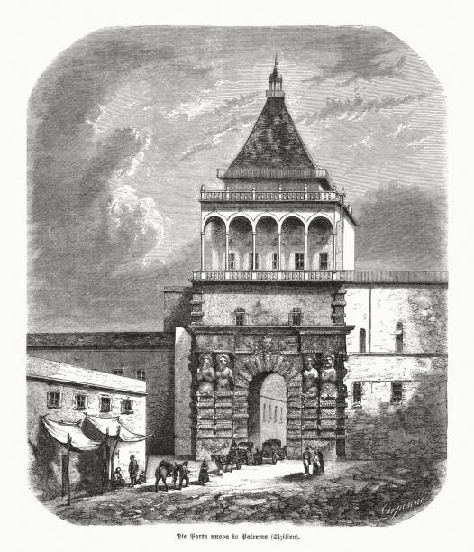 istock Porta Nuova in Palermo, Italy, wood engraving, published in 1870 1388649963