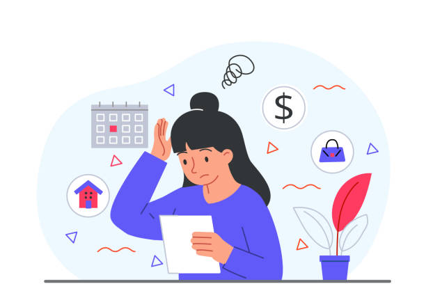 Household budget concept Household budget concept. Girl with documents in her hands scratches her head. Confusion and restlessness. Character got bills, financial literacy and cost estimate. Cartoon flat vector illustration poverty illustrations stock illustrations
