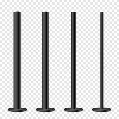 Realistic metal poles collection isolated on transparent background. Glossy black steel pipes of various diameters. Billboard or advertising banner mount, holder. Vector illustration
