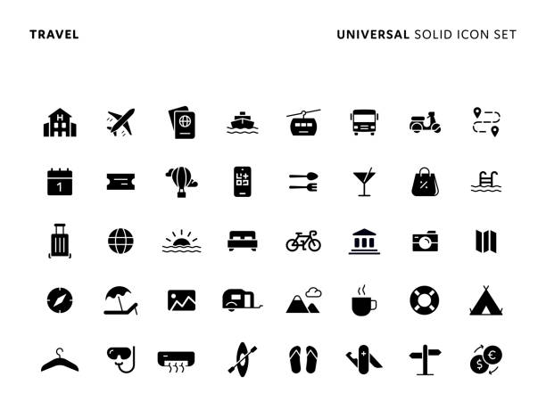 Travel Concept Universal Solid Icon Set. Icons are Suitable for Web Page, Mobile App, UI, UX and GUI design. Travel Concept Basic Solid Icon Set. Icons are Suitable for Web Page, Mobile App, UI, UX and GUI design. travel icons stock illustrations
