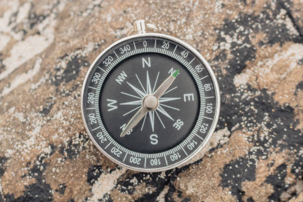 istock Compass on a beautifully coloured rock with beach sand on it 1388655535