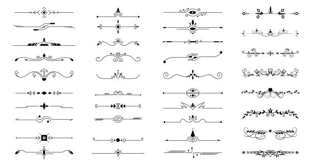 ilustraciones, imágenes clip art, dibujos animados e iconos de stock de divisor de remolinos decorativos. borde de adorno floral, decoraciones vintage dibujadas a mano y boceto de boceto caligráfico divisor vectorial conjunto. - line art scroll shape design element scroll