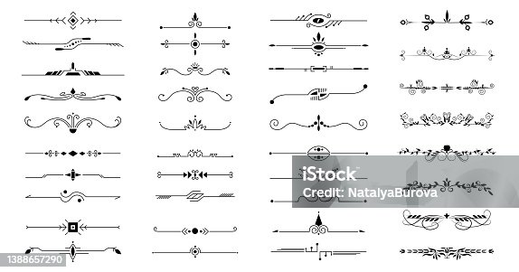 istock Decorative swirls divider. Floral ornament border, vintage hand drawn decorations and flourish sketch calligraphic divider vector set. 1388657290