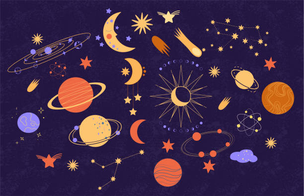 A set of different planets, stars, asteroids and comets in outer space. A children's universe in the style of doodles.  Hand drawn vector doodles. A set of different planets, stars, asteroids and comets in outer space. A children's universe in the style of doodles.  Hand drawn vector doodles. Galaxy constellations cartoon. Astronomy concept venus planet stock illustrations