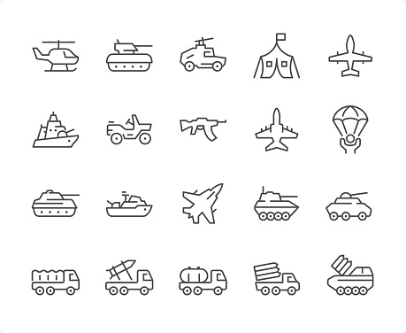 Military Vehicle icons set #03

Specification: 20 icons, 64×64 pх, EDITABLE stroke weight! Current stroke 2 px.

Features: Pixel Perfect, Unicolor, Editable weight thin line.

First row of  icons contains:
Helicopter, Armored Tank, Vehicle Mounted Machine Gun, Military Tent, Unmanned Aerial Vehicle;

Second row contains: 
Military Ship, Military Car, Riffle, Fighter Plane, Paratrooper;

Third row contains: 
Military Battle Tank, Military Warship, Fighter Plane, Military Tank, Military Land Vehicle; 

Fourth row contains: 
Military Truck, Rocket Launcher, Fuel Tank, Multiple Launch Rocket System, Anti-aircraft Missile System.

Check out the complete Prolinico collection — https://www.istockphoto.com/collaboration/boards/m2yevS1B7EWOAAxLZcvJhQ