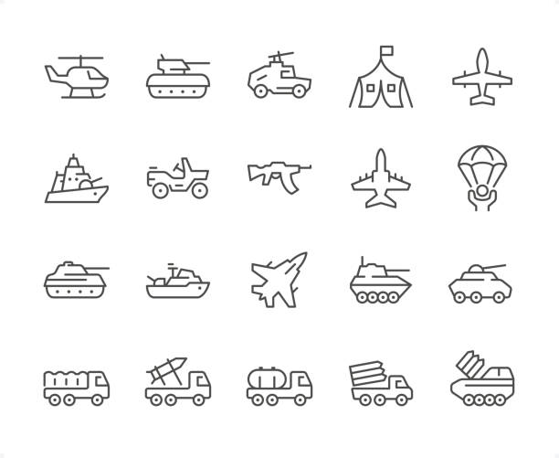 Military Vehicle icon set. Editable stroke weight. Pixel perfect icons. Military Vehicle icons set #03

Specification: 20 icons, 64×64 pх, EDITABLE stroke weight! Current stroke 2 px.

Features: Pixel Perfect, Unicolor, Editable weight thin line.

First row of  icons contains:
Helicopter, Armored Tank, Vehicle Mounted Machine Gun, Military Tent, Unmanned Aerial Vehicle;

Second row contains: 
Military Ship, Military Car, Riffle, Fighter Plane, Paratrooper;

Third row contains: 
Military Battle Tank, Military Warship, Fighter Plane, Military Tank, Military Land Vehicle; 

Fourth row contains: 
Military Truck, Rocket Launcher, Fuel Tank, Multiple Launch Rocket System, Anti-aircraft Missile System.

Check out the complete Prolinico collection — https://www.istockphoto.com/collaboration/boards/m2yevS1B7EWOAAxLZcvJhQ machine gun stock illustrations